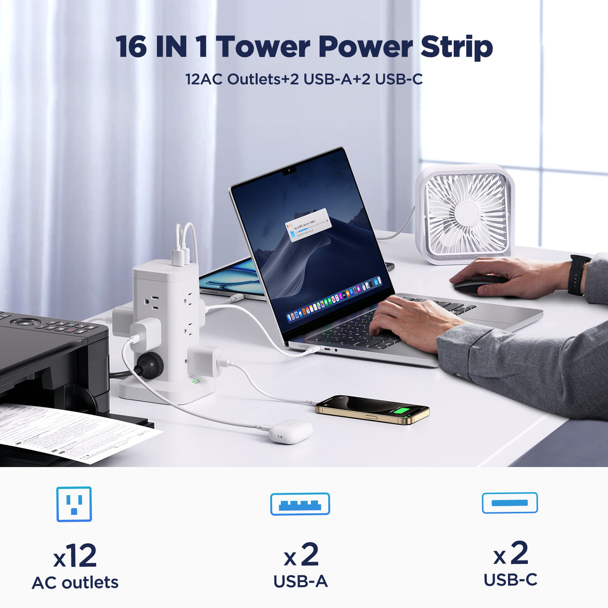 Aioneus Power Strip Tower Surge Protector with 12 Outlets and 4 USB (2 USB C + 2 USB A Ports) 6 FT Extension Cord Power Station, Black