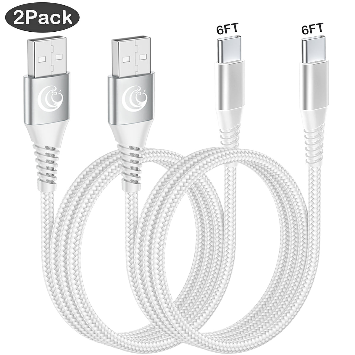 USB C Cable 6FT 2Pack, 3A USB A to Type C Fast Charging Cord Nylon Braided Data Sync USB C Charger Cable for Samsung Galaxy, White