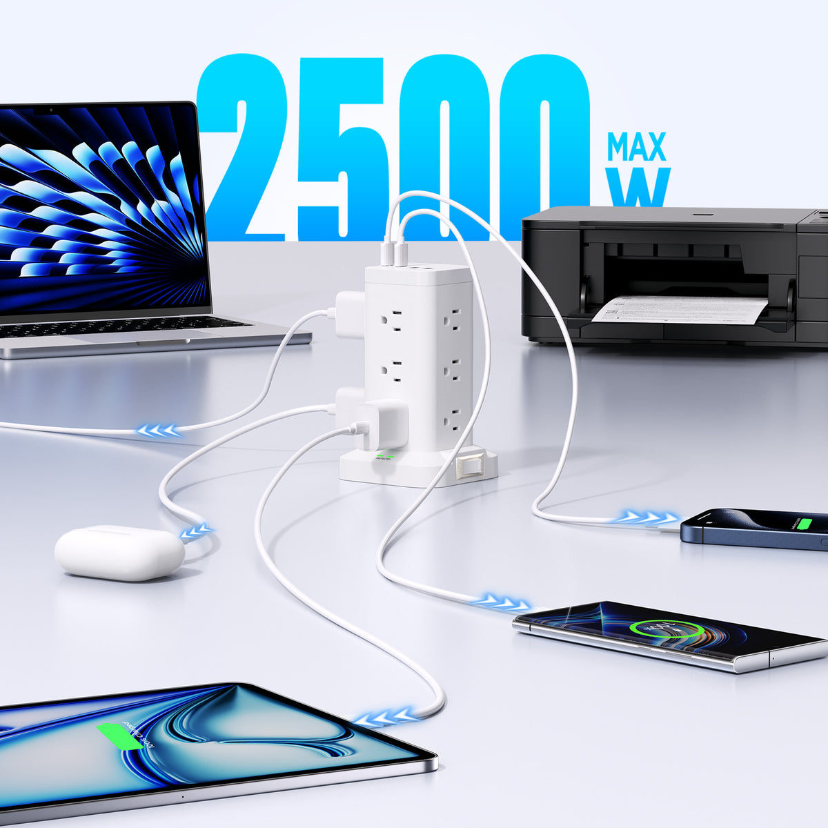 Aioneus Power Strip Tower Surge Protector with 12 Outlets and 4 USB (2 USB C + 2 USB A Ports) 6 FT Extension Cord Power Station, Black