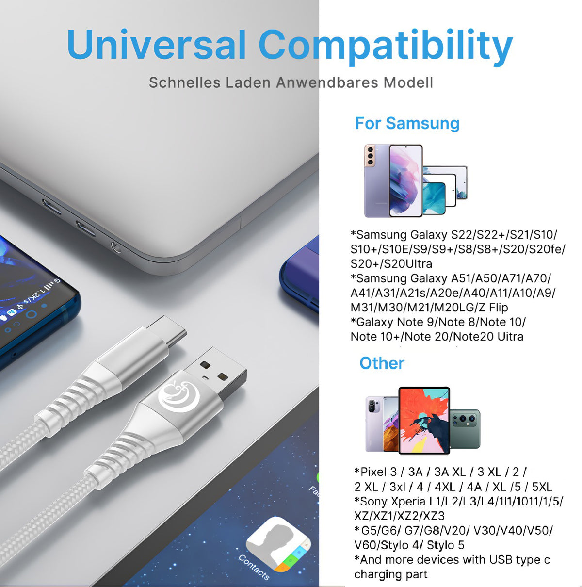 Aioneus USB C Cable 10ft 3Pack Type C Charger Cord 3A Fast Compatible with Samsung Galaxy S25/824/S23/S22/S21, iPhone 16/15 phones, White