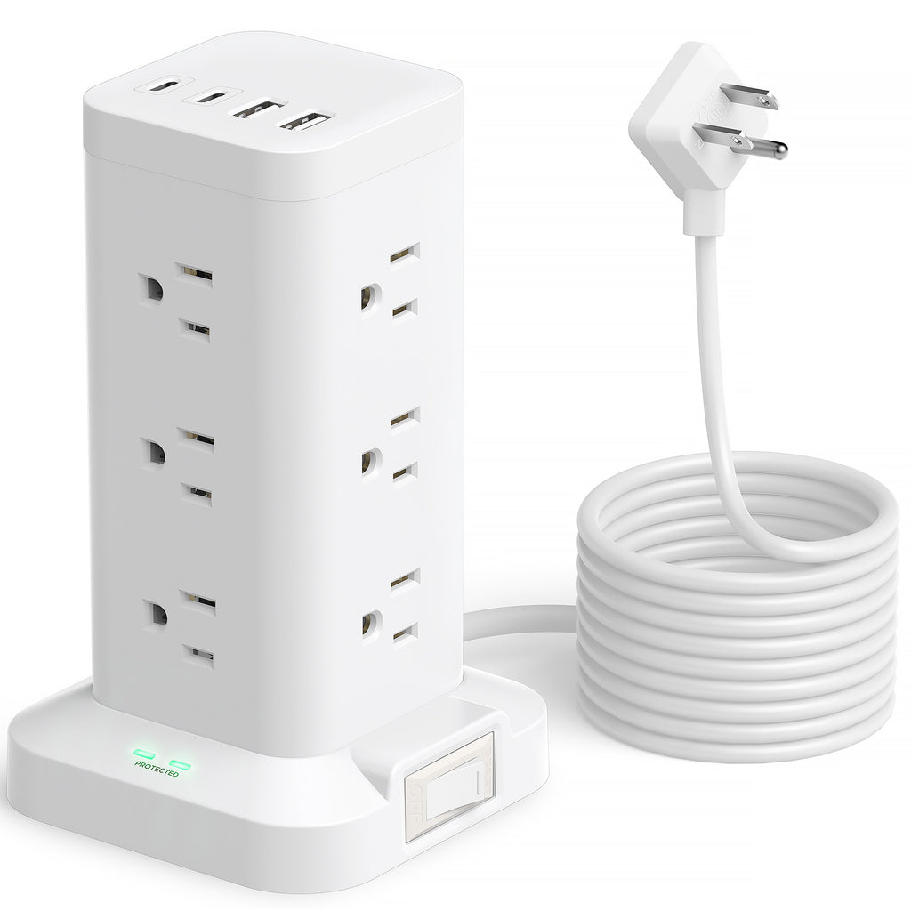 YOSOU Power Strip Tower Surge Protector with 12 Outlets and 4 USB (2 USB C + 2 USB A Ports) 6 FT Extension Cord Power Station, Black