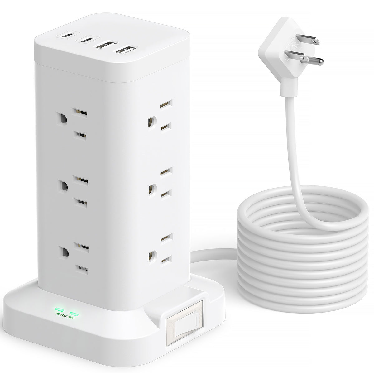 Aioneus Power Strip Tower Surge Protector with 12 Outlets and 4 USB (2 USB C + 2 USB A Ports) 6 FT Extension Cord Power Station, Black