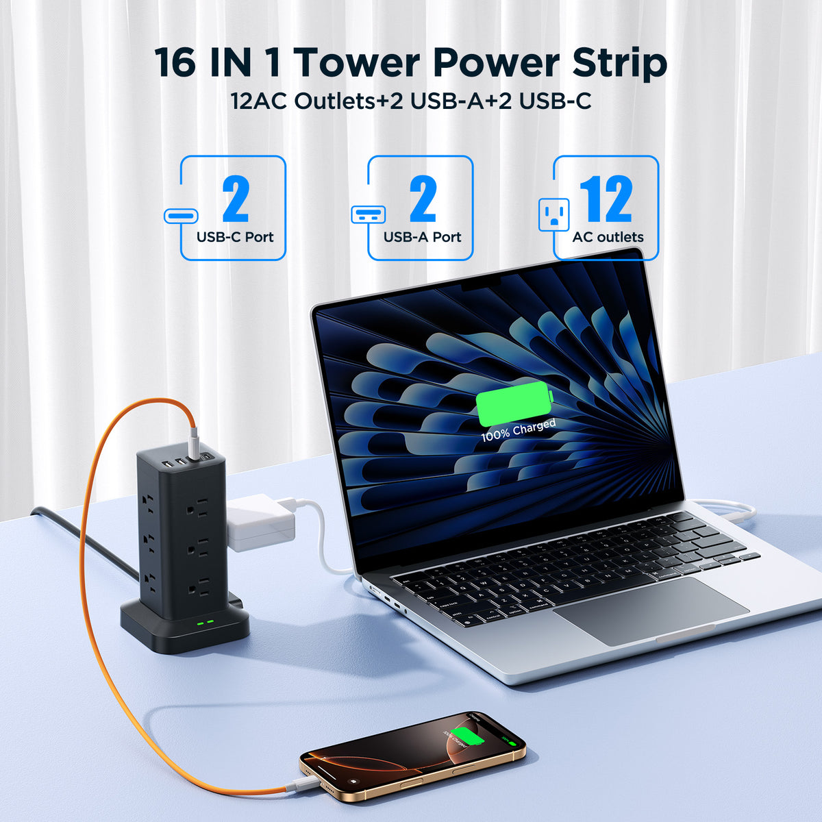 Aioneus Power Strip Tower Surge Protector with 12 Outlets and 4 USB (2 USB C + 2 USB A Ports) 6 FT Extension Cord Power Station, Black