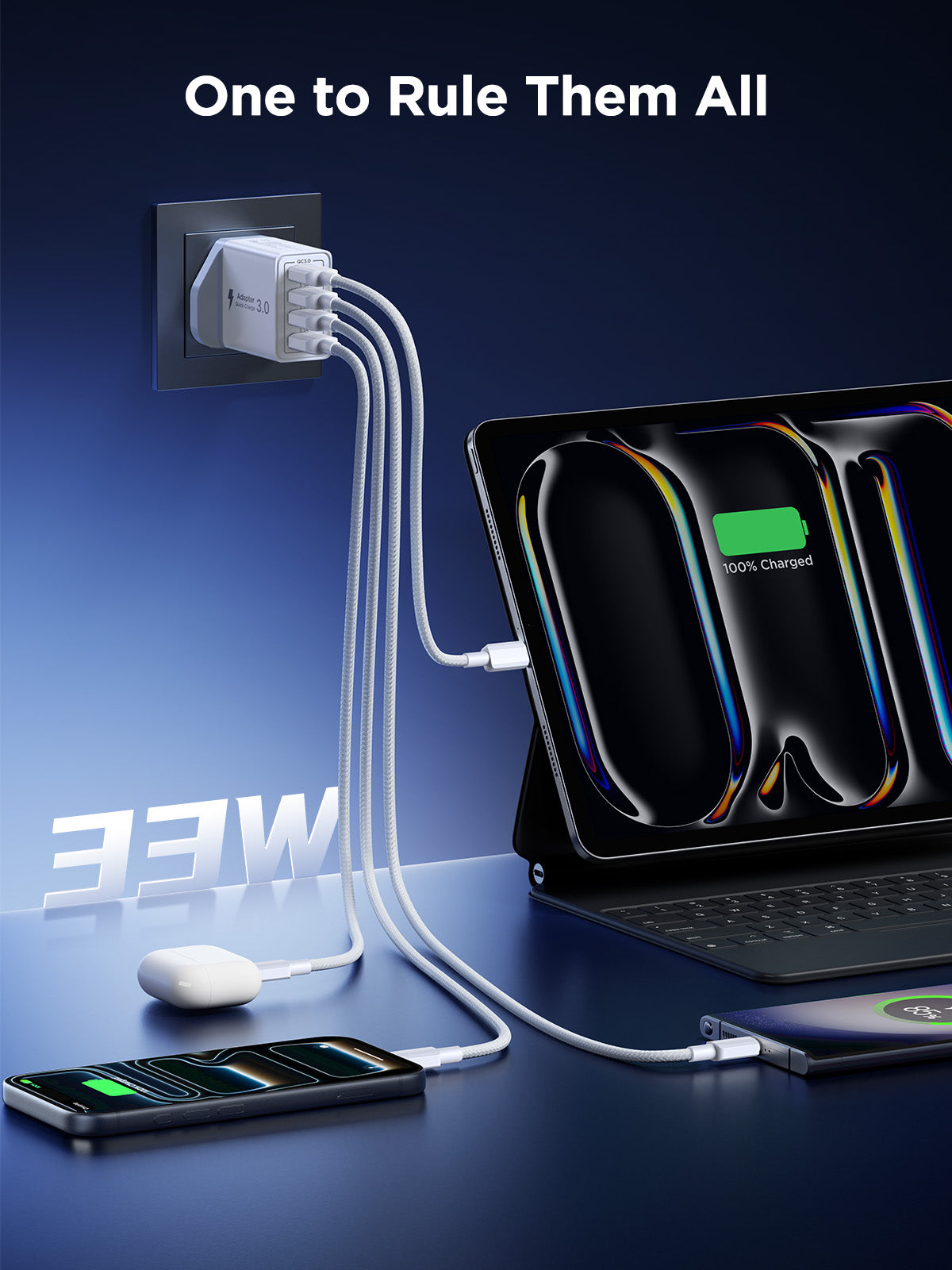 Aioneus USB Plug Fast Charger, 33W 4-Port QC 3.0 Multi USB Charger Plug UK