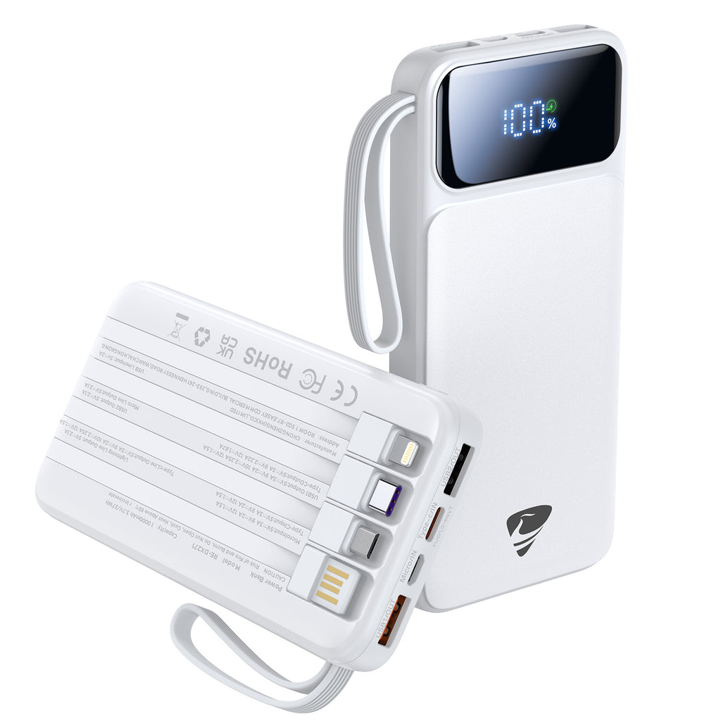 Portable Charger 10000mAh Power Bank with Built in Cable, (22.5W Output + 18W Input) ,Compatible with IPhone and Samsung's Fast Charging LCD Display Battery Pack