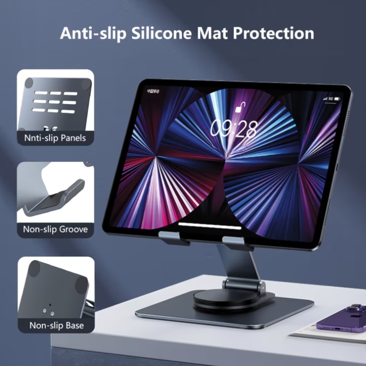 Aioneus Tablet Stand Holder with 360° Rotating Base, Universal Foldable Adjustable Aluminum Alloy Stand for Desk Compatible with iPad, Samsung Galaxy Tab, Gray