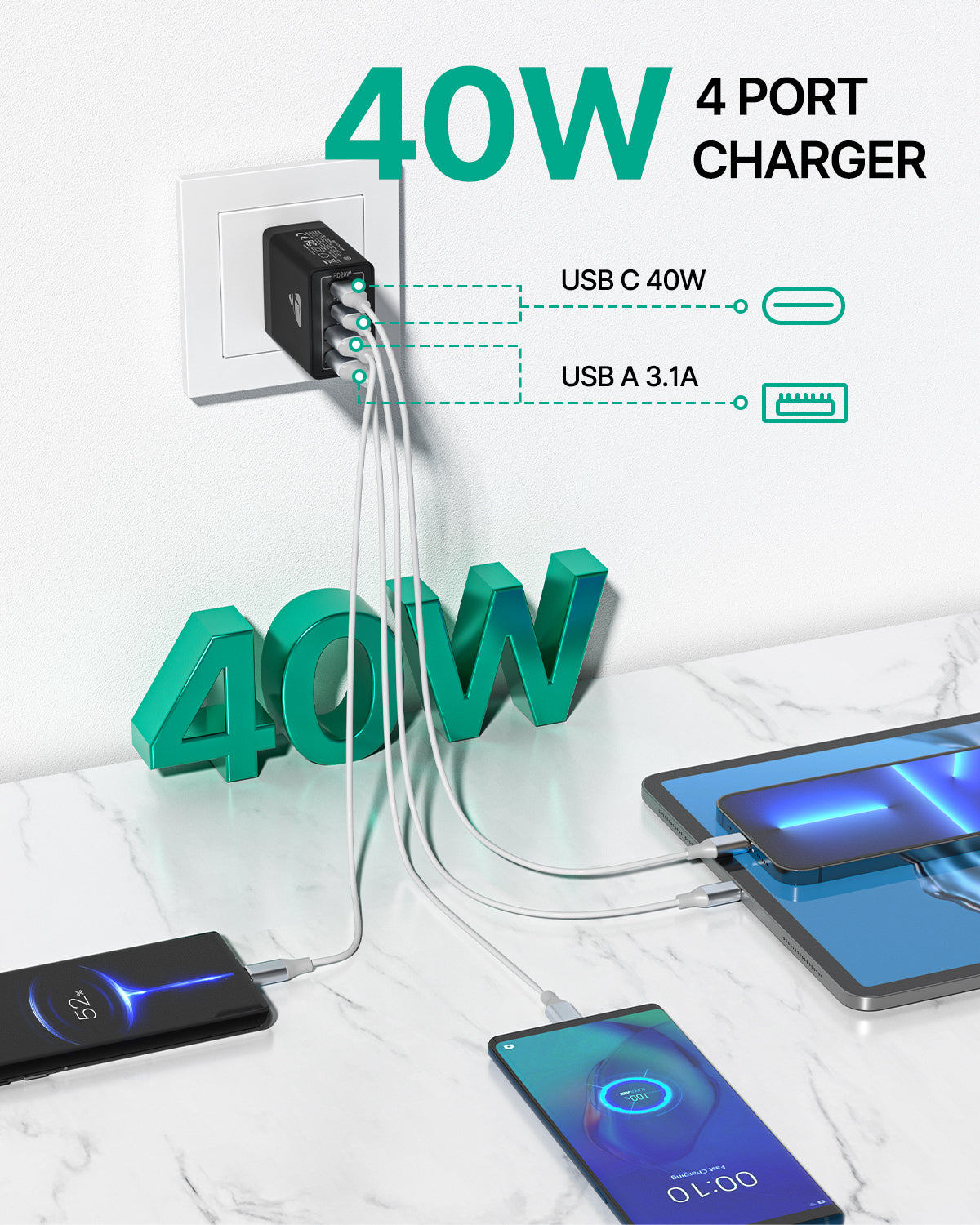 Aioneus USB C Fast Charging Block 40W Wall Charger Multi USB Pulg Power Adapter for iPhone Samsung (Pink+Purple 2-Pack)