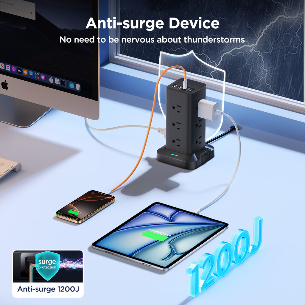 Aioneus Power Strip Tower Surge Protector with 12 Outlets and 4 USB (2 USB C + 2 USB A Ports) 6 FT Extension Cord Power Station, Black