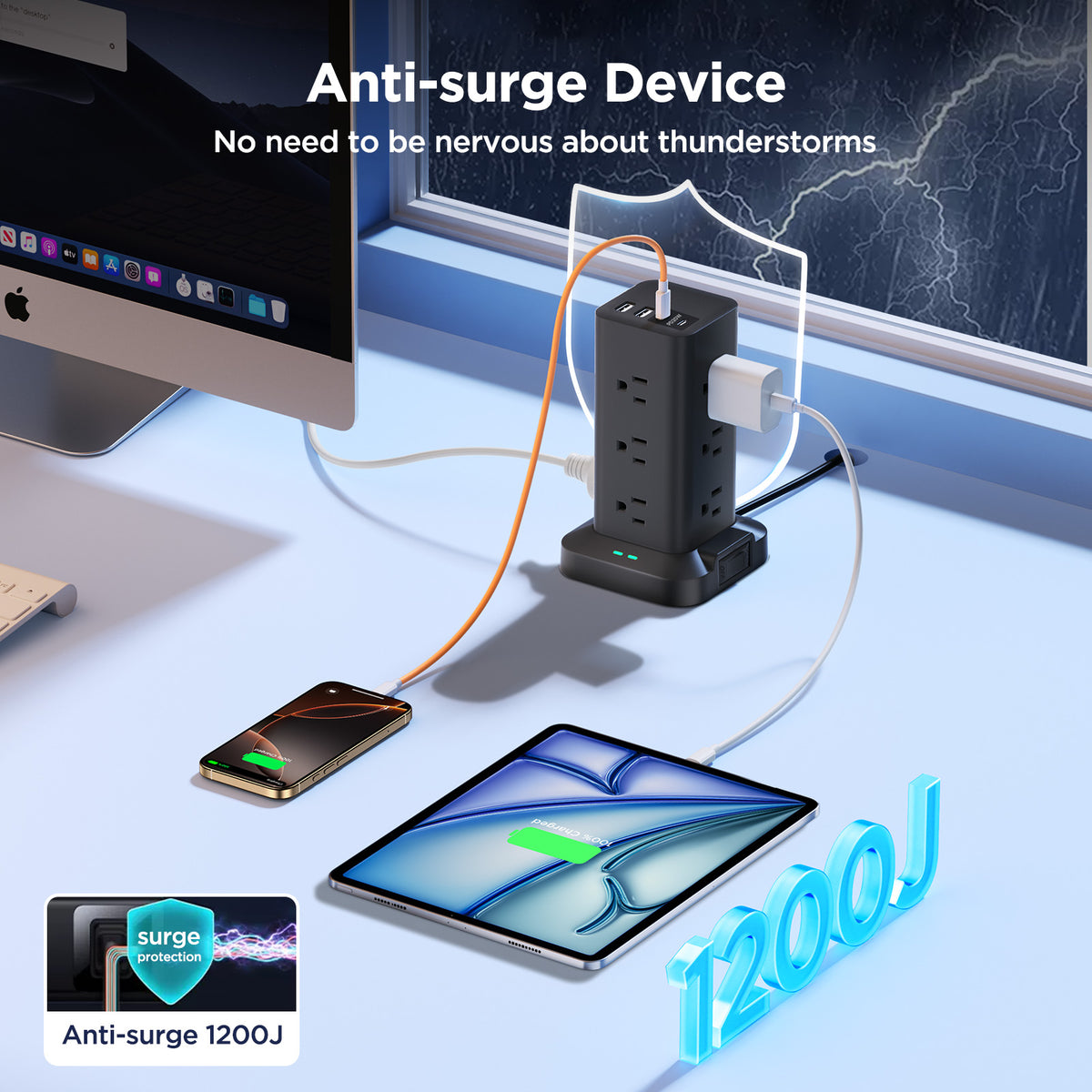 Aioneus Power Strip Tower Surge Protector with 12 Outlets and 4 USB (2 USB C + 2 USB A Ports) 6 FT Extension Cord Power Station, Black