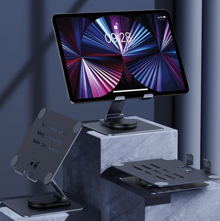 Aioneus Tablet Stand Holder with 360° Rotating Base, Universal Foldable Adjustable Aluminum Alloy Stand for Desk Compatible with iPad, Samsung Galaxy Tab, Gray