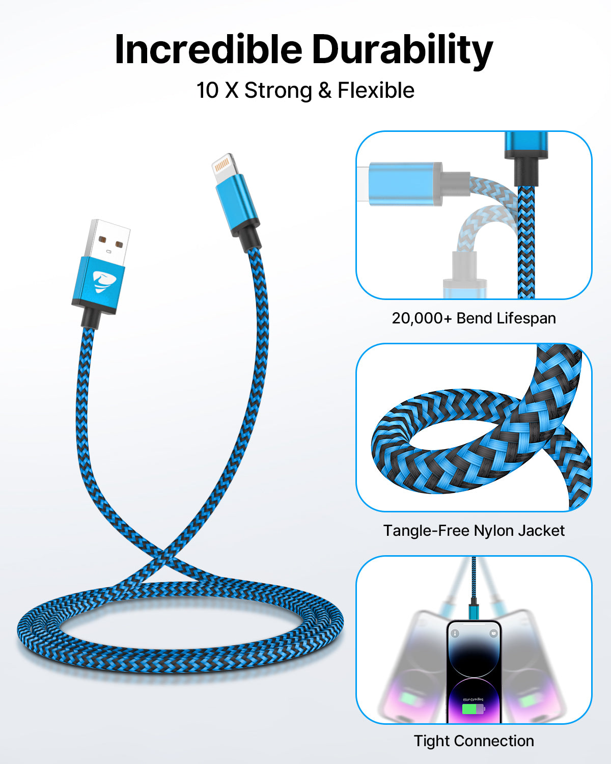 Aioneus Charger Cord 6ft 3A Fast Charging Cable, 3Pack Nylon Braided Cable Compatible with iPhone 14/13/12/11/iPad, Multicolor