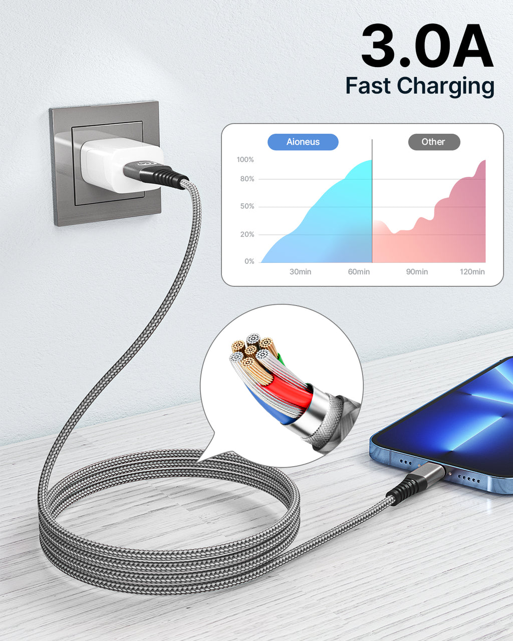 Aioneus 10ft 3A Fast Charger Cord, 3 Pack Braided Charging Cable Compatible with iPhone 14/13/12/11/iPad, Multicolor
