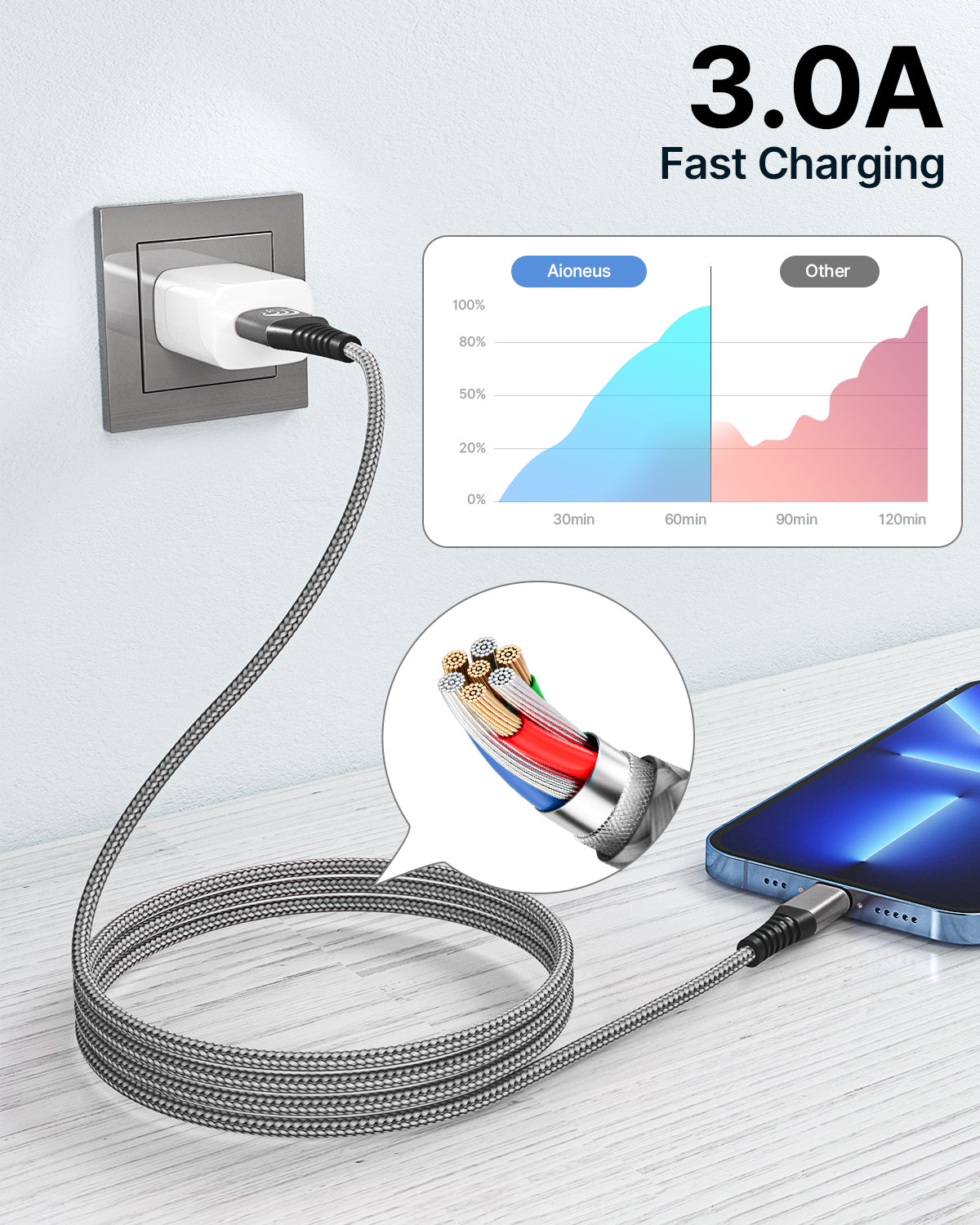 Aioneus 10ft 3A Fast Charger Cord, 3 Pack Braided Charging Cable Compatible with iPhone 14/13/12/11/iPad, Multicolor