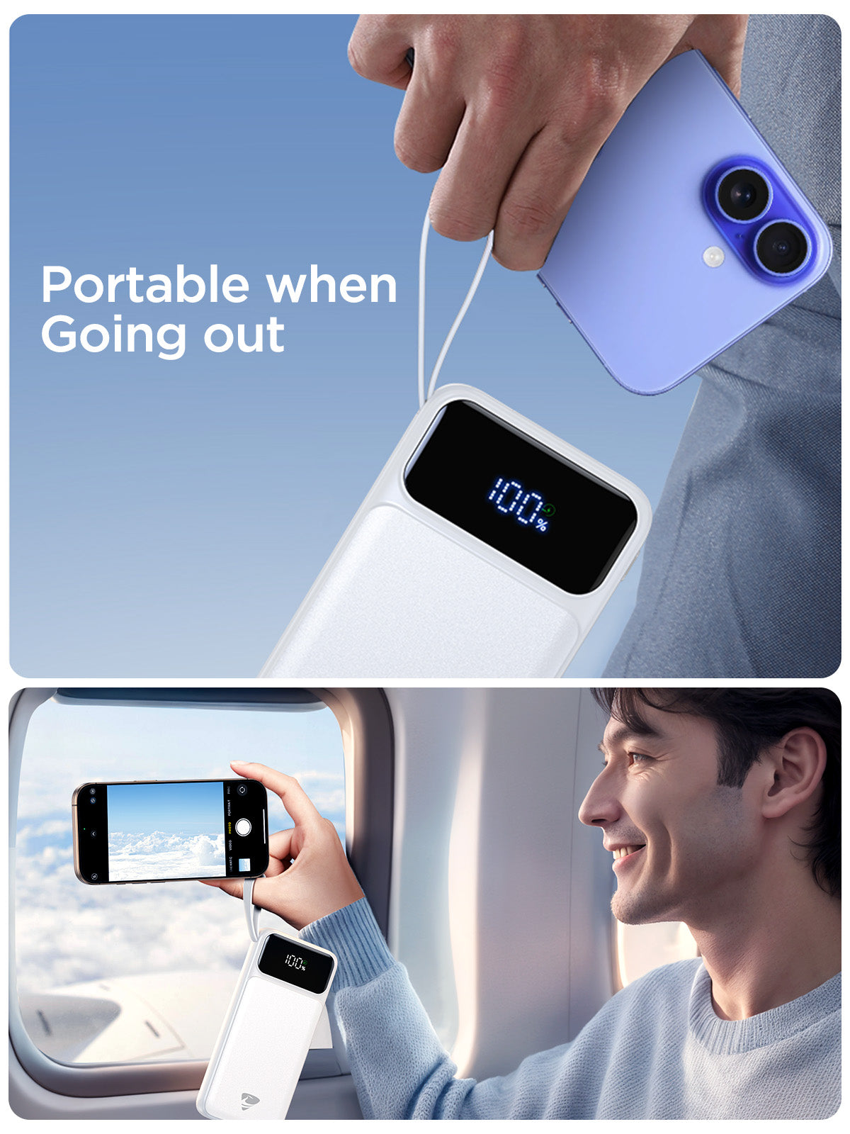 Portable Charger 10000mAh Power Bank with Built in Cable, (22.5W Output + 18W Input) ,Compatible with IPhone and Samsung's Fast Charging LCD Display Battery Pack