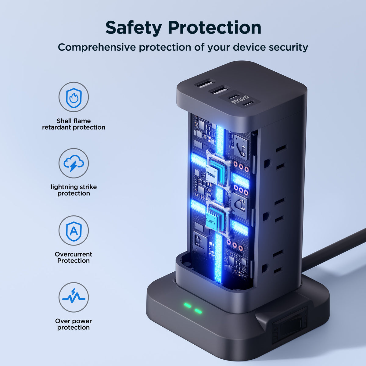Aioneus Power Strip Tower Surge Protector with 12 Outlets and 4 USB (2 USB C + 2 USB A Ports) 6 FT Extension Cord Power Station, Black