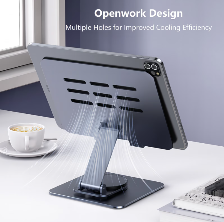 Aioneus Tablet Stand Holder with 360° Rotating Base, Universal Foldable Adjustable Aluminum Alloy Stand for Desk Compatible with iPad, Samsung Galaxy Tab, Gray