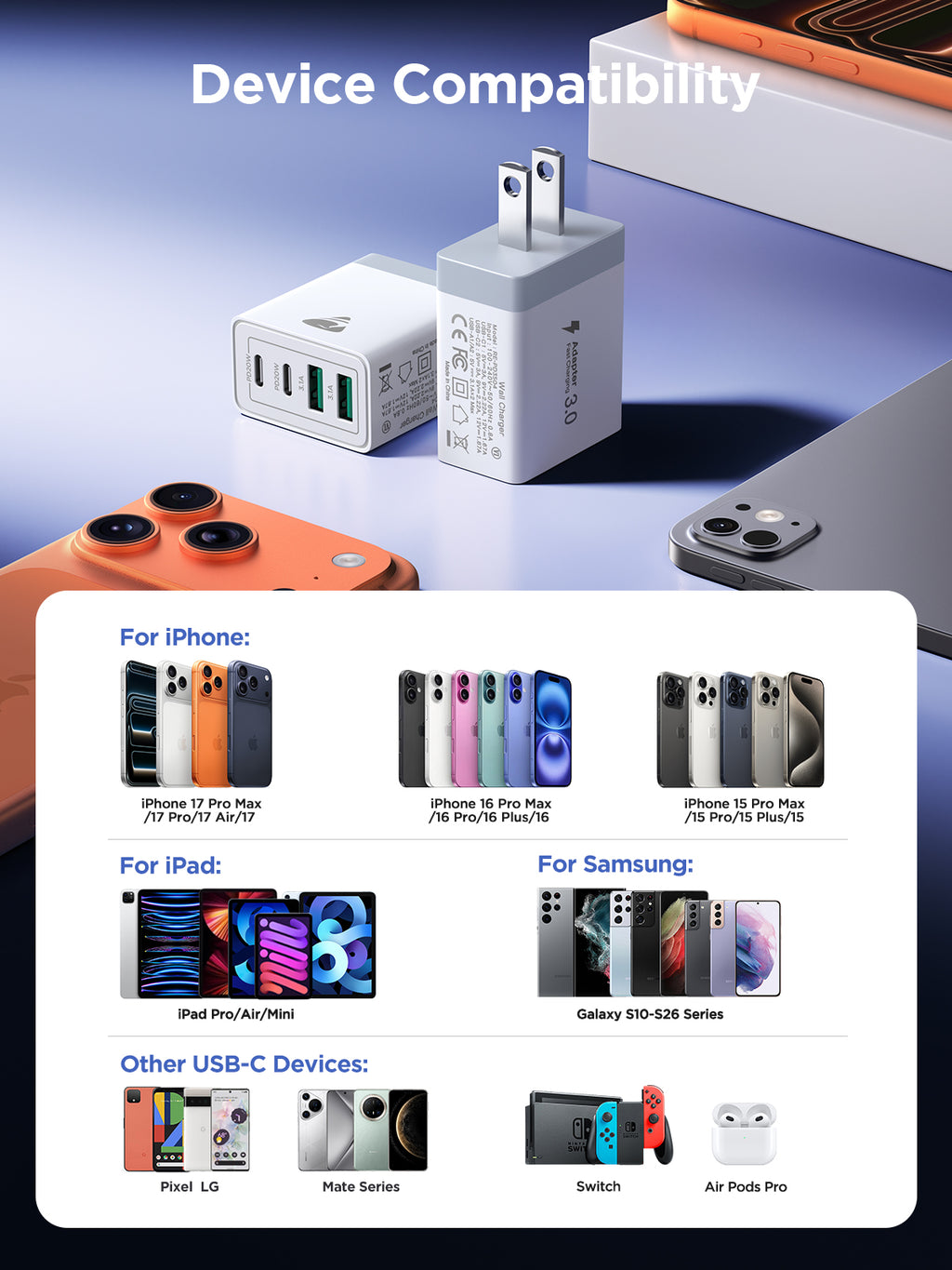 Aioneus USB C Fast Charging Block 40W Wall Charger Multi USB Pulg Power Adapter for iPhone Samsung (Pink+Purple 2-Pack)