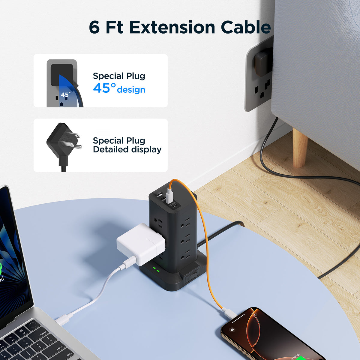 Aioneus Power Strip Tower Surge Protector with 12 Outlets and 4 USB (2 USB C + 2 USB A Ports) 6 FT Extension Cord Power Station, Black
