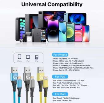 Aioneus 3 Pack 6ft Braided Fast Charging Cable Compatible with iPhone 14/13/12/11/iPad, Multicolor