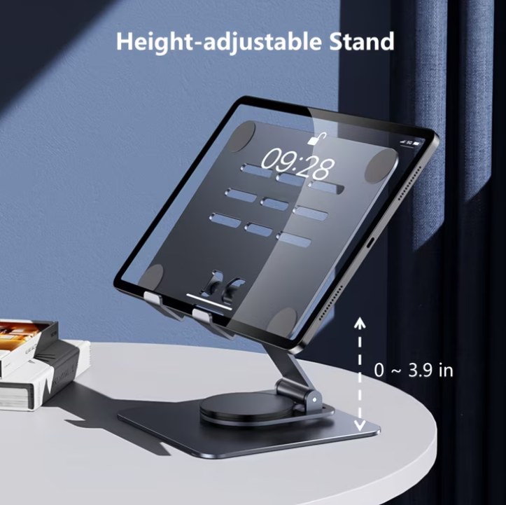 Aioneus Tablet Stand Holder with 360° Rotating Base, Universal Foldable Adjustable Aluminum Alloy Stand for Desk Compatible with iPad, Samsung Galaxy Tab, Gray
