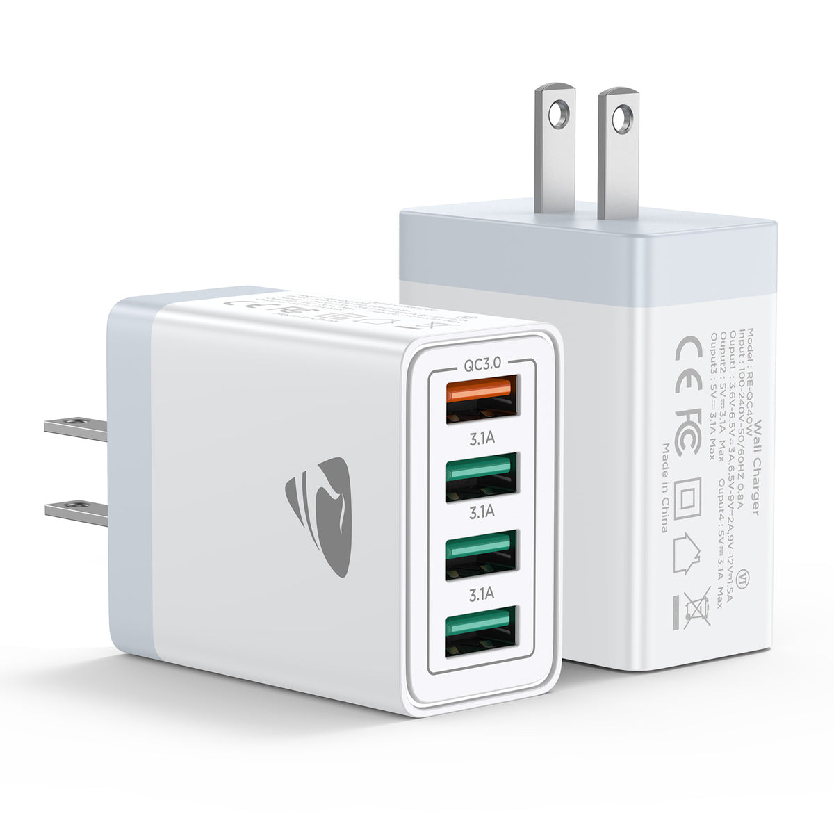 Aioneus USB Wall Charger Block, 2 Pack 40W Multi-Port Fast Charging Block Power Adapter Compatible with iPhone, Samsung Galaxy, White