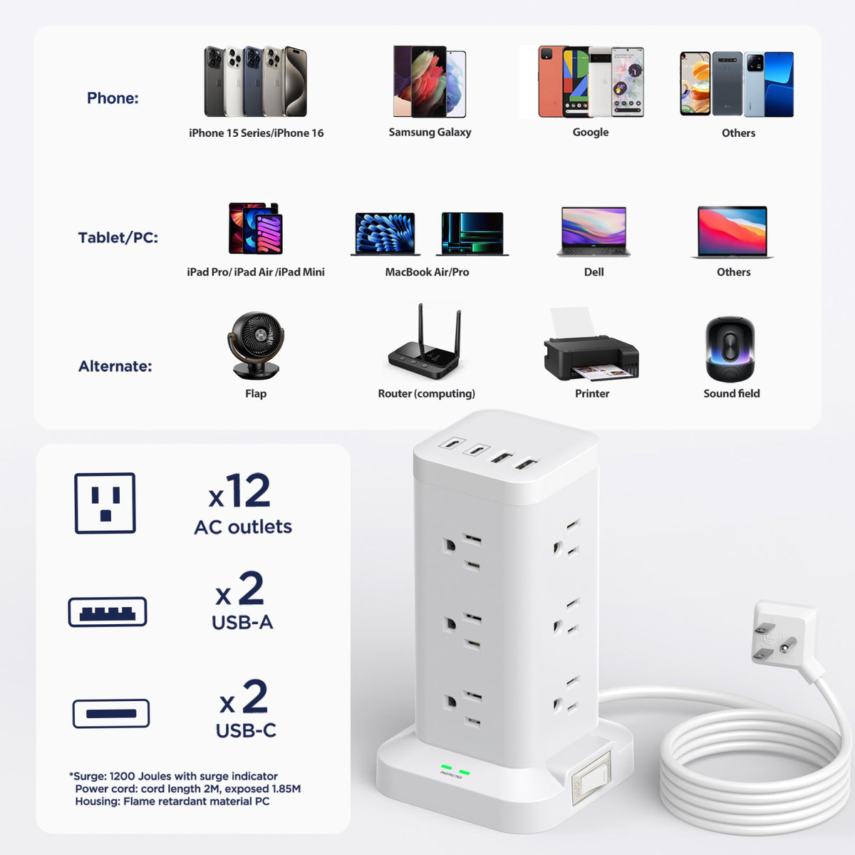Aioneus Power Strip Tower Surge Protector with 12 Outlets and 4 USB (2 USB C + 2 USB A Ports) 6 FT Extension Cord Power Station, Black