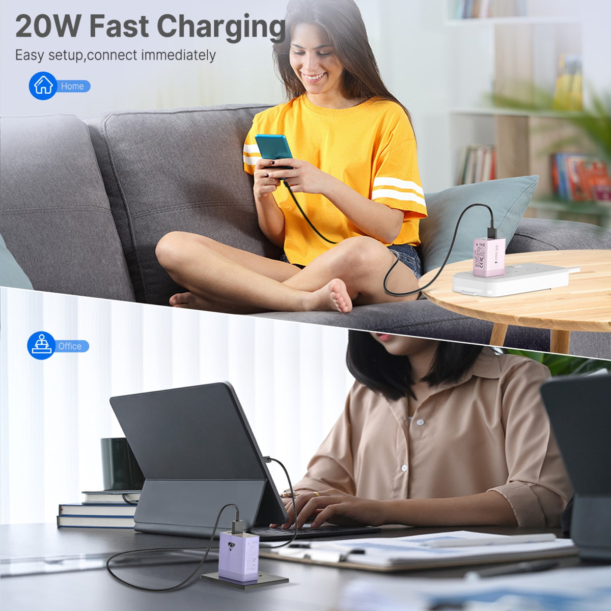 Aioneus USB C Fast Charging Block 40W Wall Charger Multi USB Pulg Power Adapter for iPhone Samsung (Pink+Purple 2-Pack)
