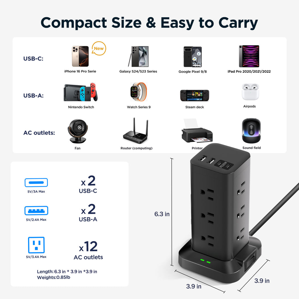 Aioneus Power Strip Tower Surge Protector with 12 Outlets and 4 USB (2 USB C + 2 USB A Ports) 6 FT Extension Cord Power Station, Black