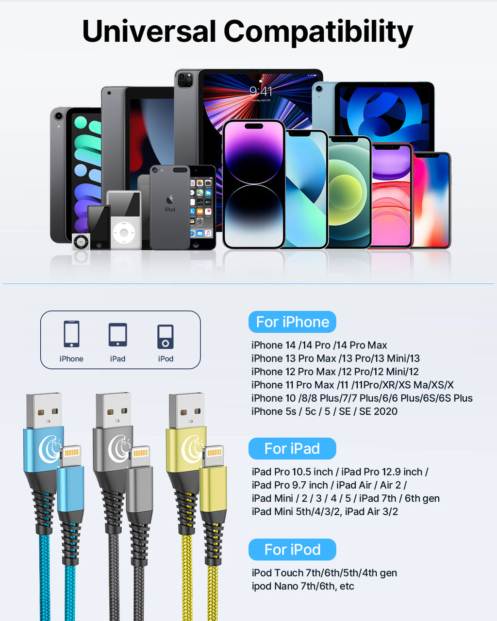 Aioneus 10ft 3A Fast Charger Cord, 3 Pack Braided Charging Cable Compatible with iPhone 14/13/12/11/iPad, Multicolor