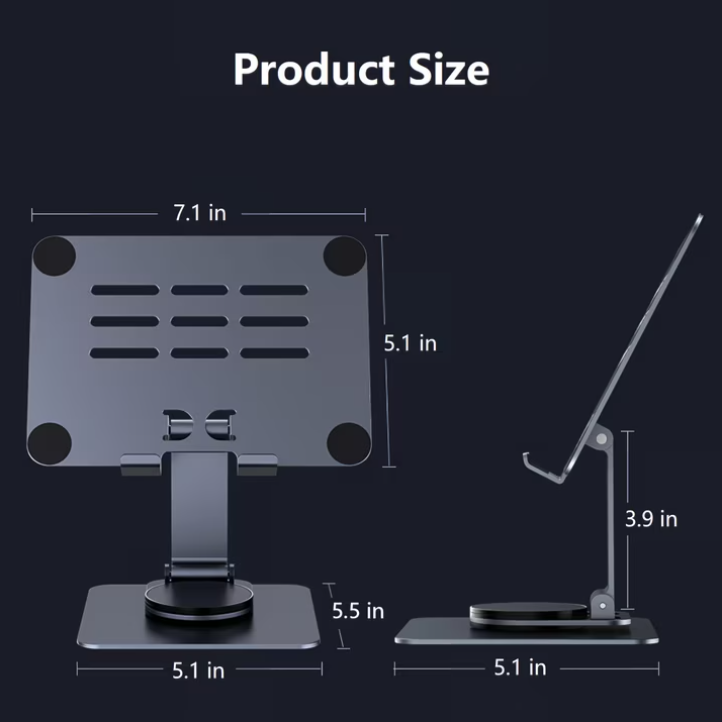 Aioneus Tablet Stand Holder with 360° Rotating Base, Universal Foldable Adjustable Aluminum Alloy Stand for Desk Compatible with iPad, Samsung Galaxy Tab, Gray