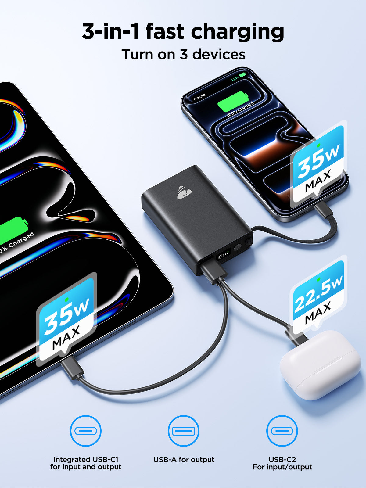 Aioneus Portable Charger 10000mAh Power Bank Fast Charging,35W USB C Battery Pack with Built-in Cables,Powerbank for iPhone 17 16 15 14 iPad Samsung Android Tablet MacBook