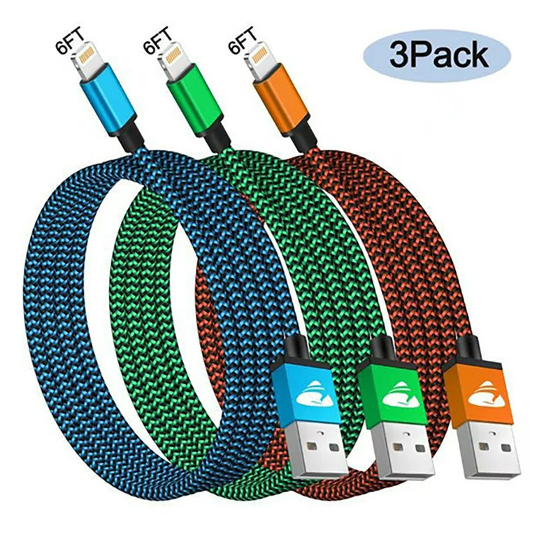 Aioneus Charger Cord 6ft 3A Fast Charging Cable, 3Pack Nylon Braided Cable Compatible with iPhone 14/13/12/11/iPad, Multicolor