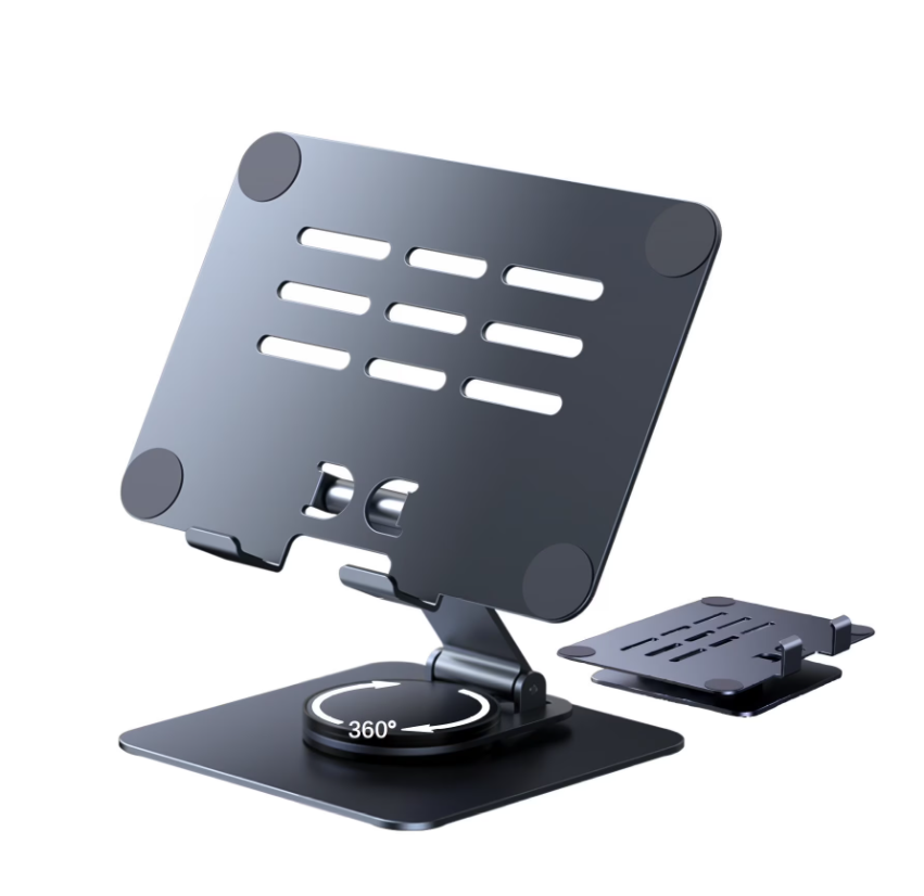 Aioneus Tablet Stand Holder with 360° Rotating Base, Universal Foldable Adjustable Aluminum Alloy Stand for Desk Compatible with iPad, Samsung Galaxy Tab, Gray