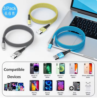 Aioneus 3 Pack 6ft Braided Fast Charging Cable Compatible with iPhone 14/13/12/11/iPad, Multicolor