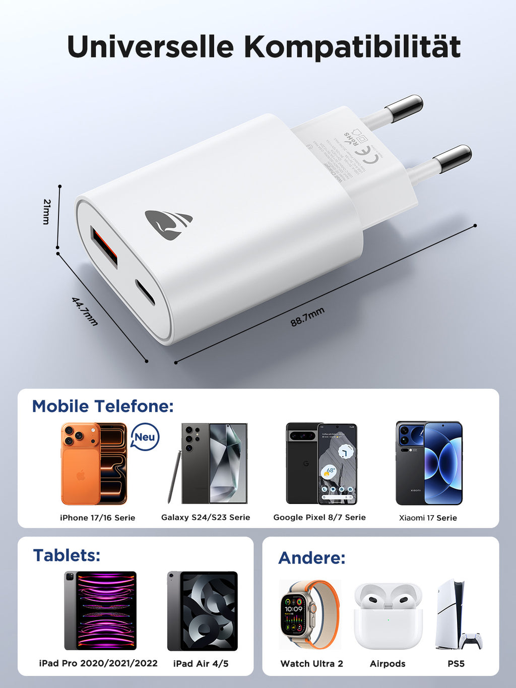 USB-C Charger, 2-Pack 20W Fast Charger with Dual Ports (USB-C & USB-A), PD 3.0 Power Adapter for iPhone & Samsung, Multi-Port Fast Charger