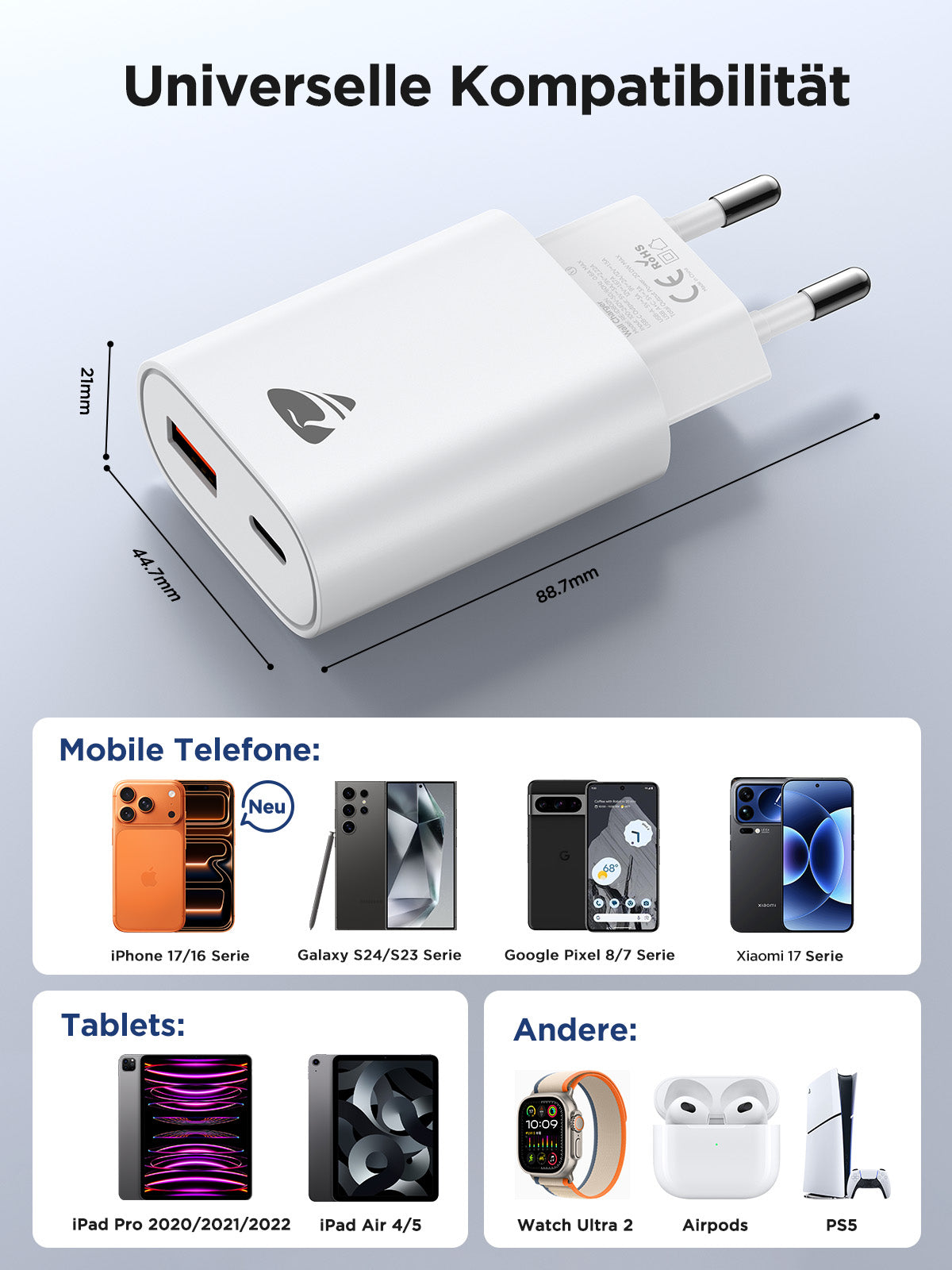USB-C Charger, 2-Pack 20W Fast Charger with Dual Ports (USB-C & USB-A), PD 3.0 Power Adapter for iPhone & Samsung, Multi-Port Fast Charger