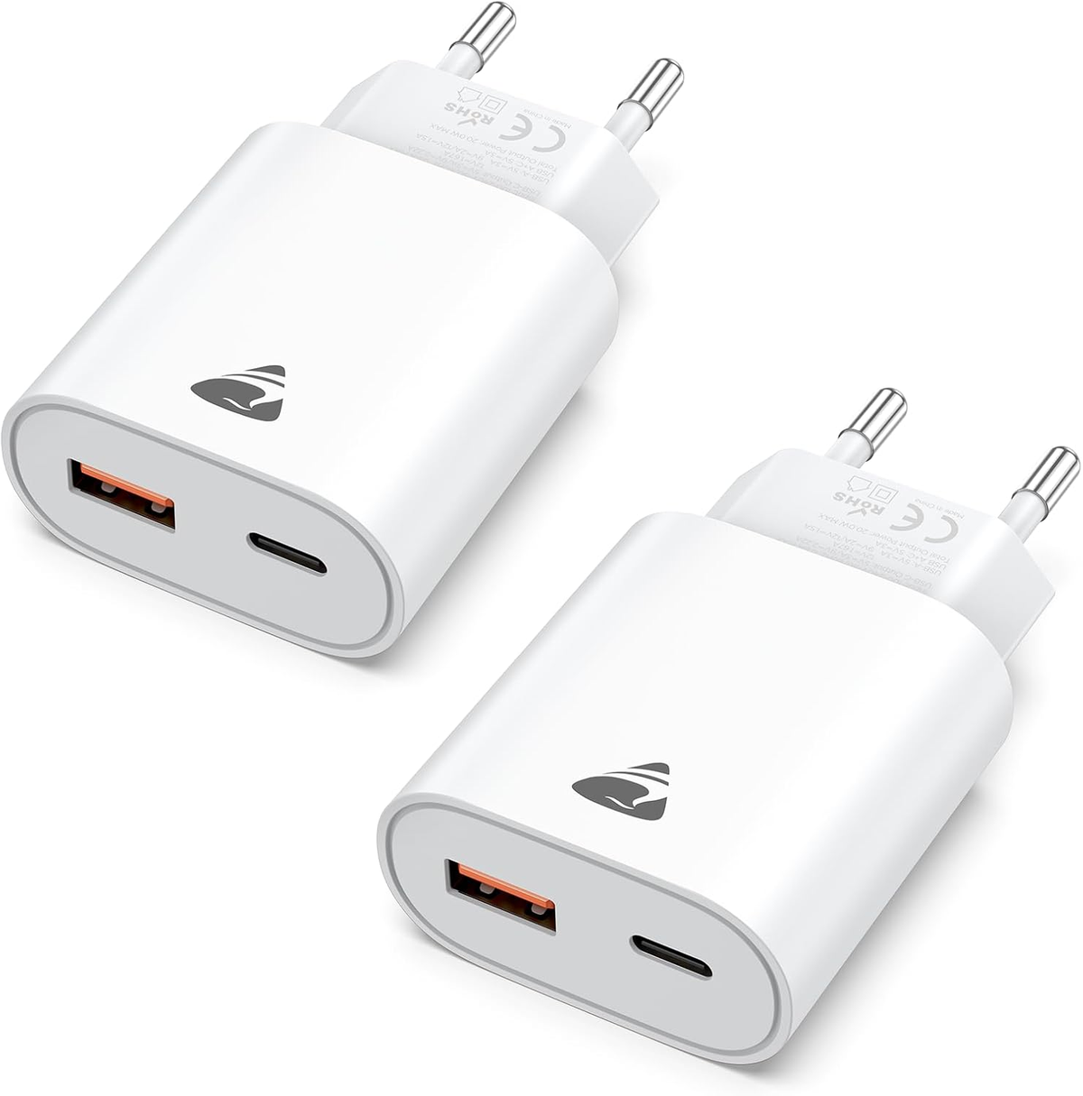 USB-C Charger, 2-Pack 20W Fast Charger with Dual Ports (USB-C & USB-A), PD 3.0 Power Adapter for iPhone & Samsung, Multi-Port Fast Charger