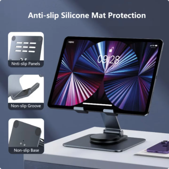 Aioneus Tablet Stand Holder with 360° Rotating Base, Universal Foldable Adjustable Aluminum Alloy Stand for Desk Compatible with iPad, Samsung Galaxy Tab, Gray