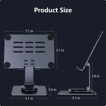 Aioneus Tablet Stand Holder with 360° Rotating Base, Universal Foldable Adjustable Aluminum Alloy Stand for Desk Compatible with iPad, Samsung Galaxy Tab, Gray