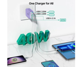 Aioneus USB C Fast Charging Block 40W Wall Charger Multi USB Pulg Power Adapter for iPhone Samsung (Pink+Purple 2-Pack)