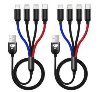 2 Pack Multi Charging Cable, 4 in 1 Multi Phone Charger Cable Fast Charging Cord with USB C, Micro USB Cable Compatible with iPhone/Samsung/Android Phone, Black