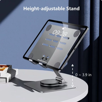 Aioneus Tablet Stand Holder with 360° Rotating Base, Universal Foldable Adjustable Aluminum Alloy Stand for Desk Compatible with iPad, Samsung Galaxy Tab, Gray