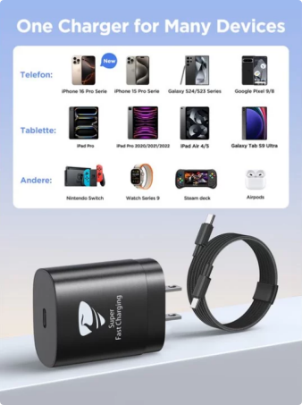 Aioneus USB C Super Fast Wall Charger 25W Type C Charger Fast Charging Block with 6FT Braided USB C Cable, Black