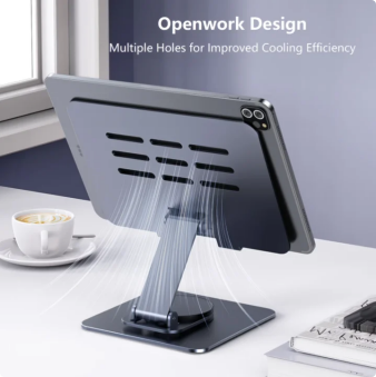 Aioneus Tablet Stand Holder with 360° Rotating Base, Universal Foldable Adjustable Aluminum Alloy Stand for Desk Compatible with iPad, Samsung Galaxy Tab, Gray